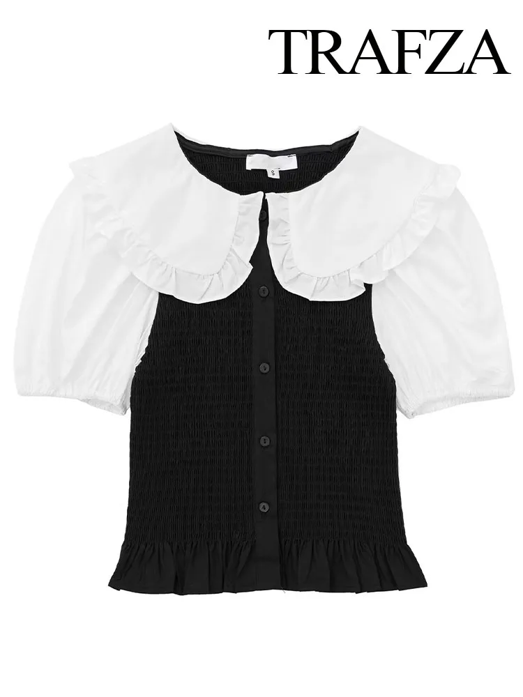 

TRAFZA Summer Women Patchwork Single Breasted Blouse Vintage Fashion Short Puff Sleeves Peter Pan Collar Female Chic Lady Shirts