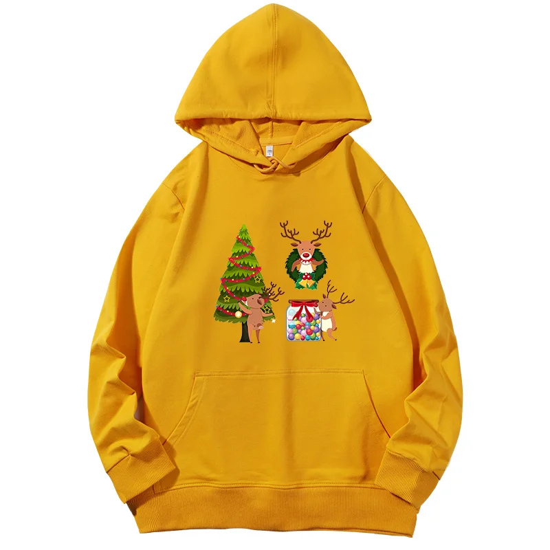 Reindeer decorating christmas tree graphic Hooded sweatshirts Christmas tree and presents christmas sweatshirt hoodies women