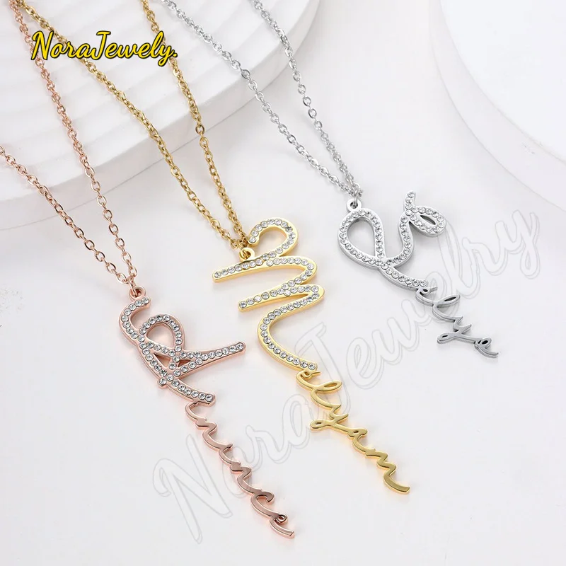 NORAJewelry Personalized Signature Name Necklace With Diamond Custom Paved Letter Chain Crystal Name Pendant Jewelry Gift ForHer