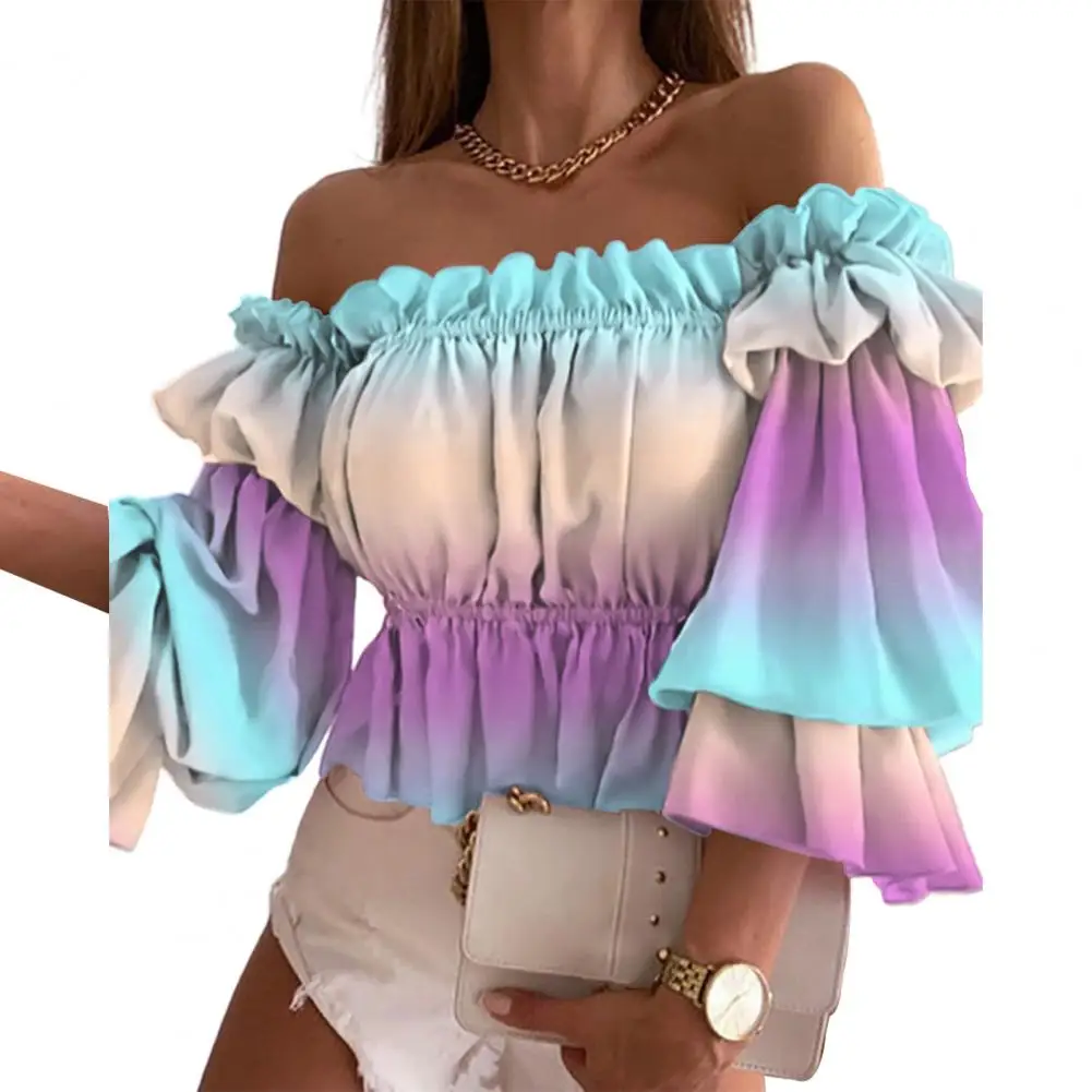 

Sweet Summer Top Long Sleeve Multi-layer Colorful Off Shoulder Flounce Shirt
