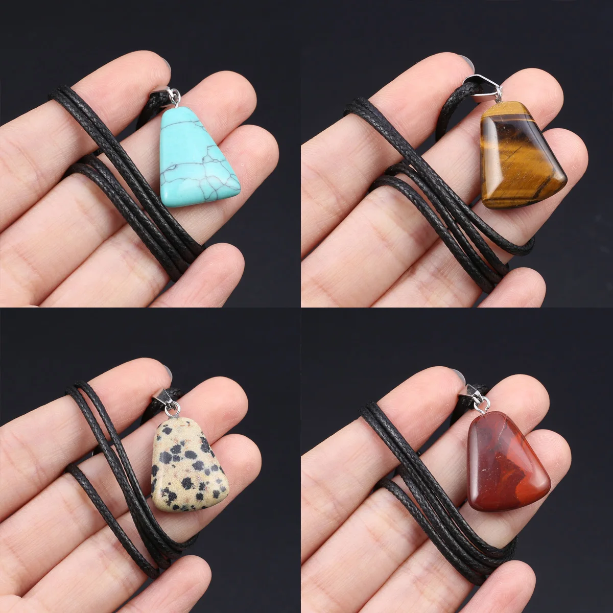 

Leather Rope Chain Necklace Trapezoidal Natural Semi-precious Crystal Agate Pendant Simple Neutral Charm Gift for Men Women