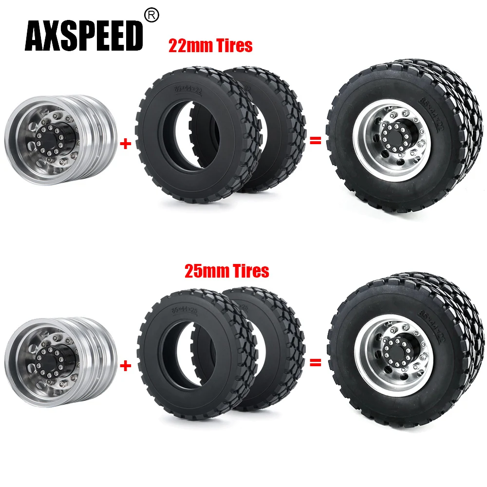 

AXSPEED Beadlock Metal Rear Wheel Hub Rims 22mm/25mm Rubber Tires for Tamiya 1/14 RC Trailer Tractor Truck Model Upgrade Parts