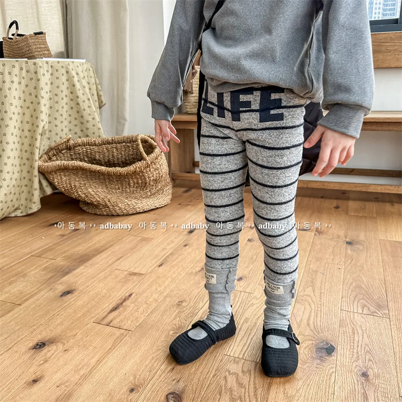 

Autumn New Children Leggings Thicken Girl Letter Print Striped Tights Baby Fleece Casual Pants Winter Warm Trousers Kids Clothes