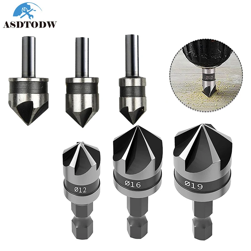 

3Pcs 1/4 Inch Hex Shank 5 Flute 90 Degree Chamfering Countersink Drill Bit Set 12mm 16mm 19mm with Center Punch