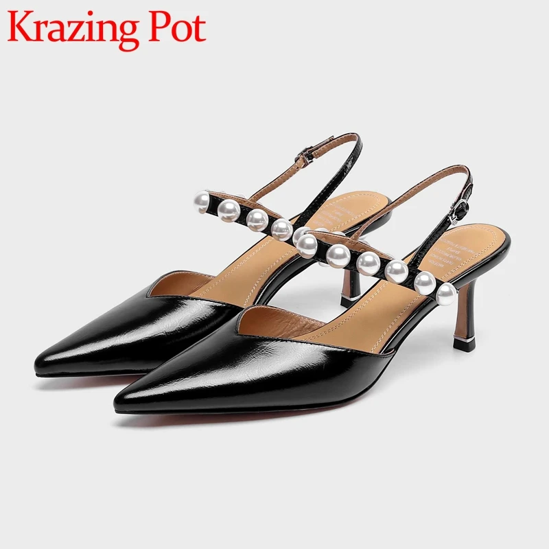 

Krazing Pot 2022 Summer New Arrival Genuine Leather Pointed Toe Thin High Heel Slingback Pearl Decoration Sweet Women Pumps L61