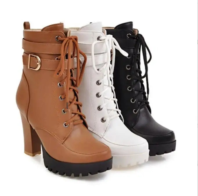 Spring White Black Ankle Platform Motorcycle Boots Women Lace Up Chunky Heel Belt Buckle Pocket Fashion Shoes Women Boots