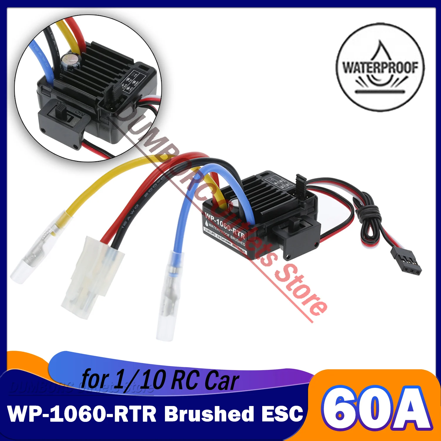

Waterproof 60A Brushed ESC WP-1060-RTR 2-3S BEC 5V/2A Electronic Speed Controller for 1/10 RC Car Tamiya Traxxas Redcat HPI D90