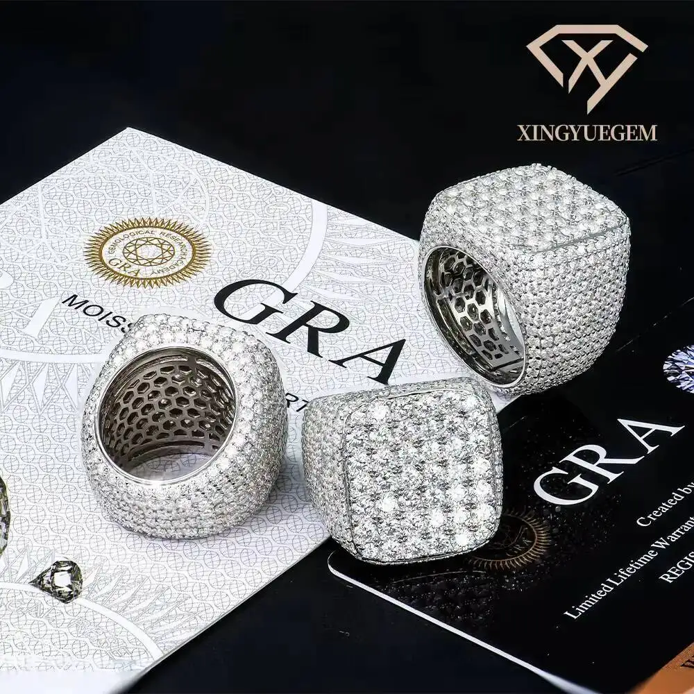 Фото Мужское кольцо Custom Gra Certified Trending S925 из стерлингового серебра с муассанитом, инкрустированное бриллиантами, в стиле хип-хоп, кубинское, большое №2