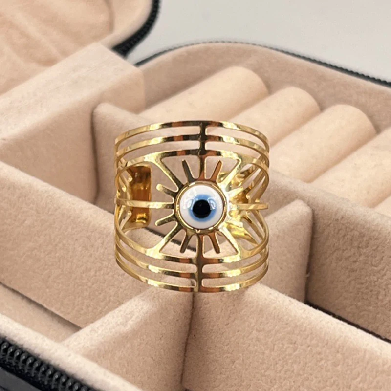 

Aesthetic Evil Eyes Rings for Women 14K Gold Plated Stainless Steel Demon Blue Eyes Finger Rings Vintage Adjustable Opening Ring