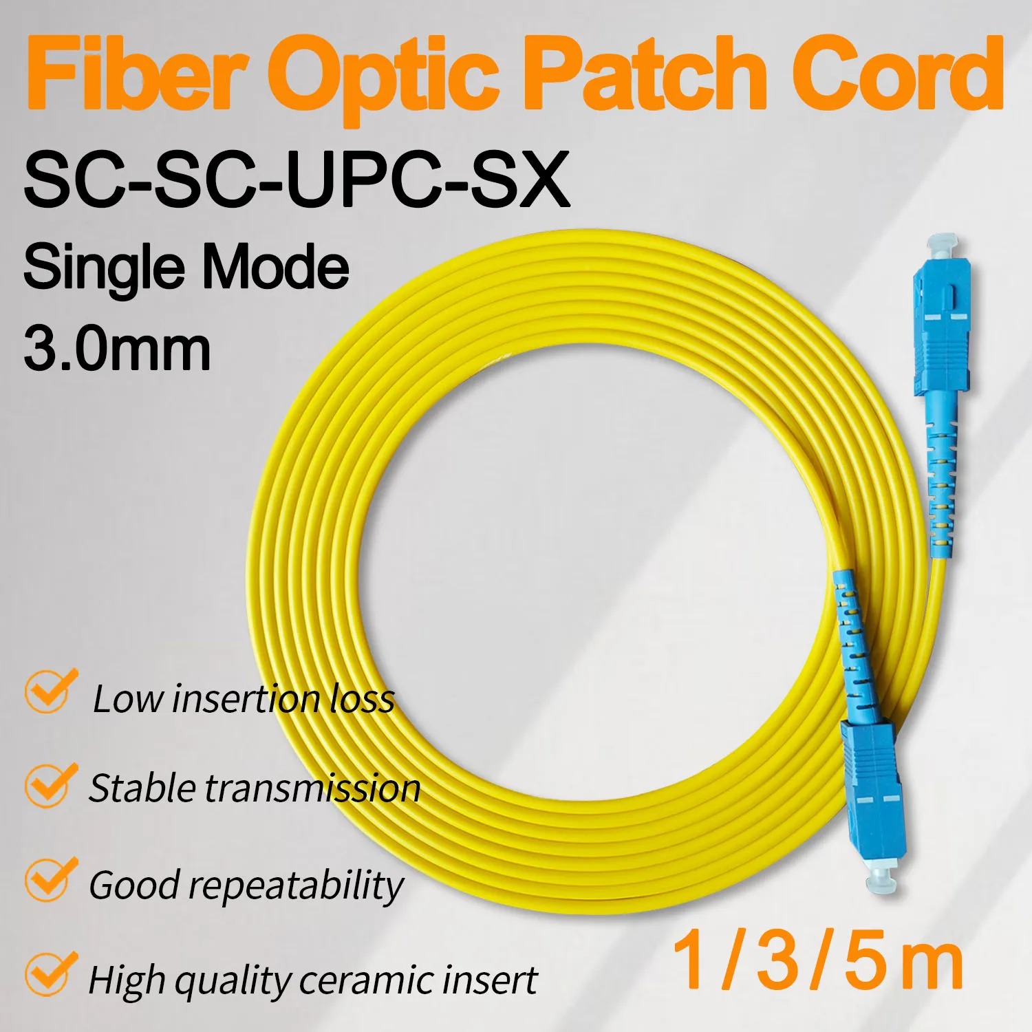 

3.0mm SC UPC Fiber Optical Patch Jumper Cable Cord Singlemode Simplex 1m 3m 5m PVC SM 1310/1550nm FTTH
