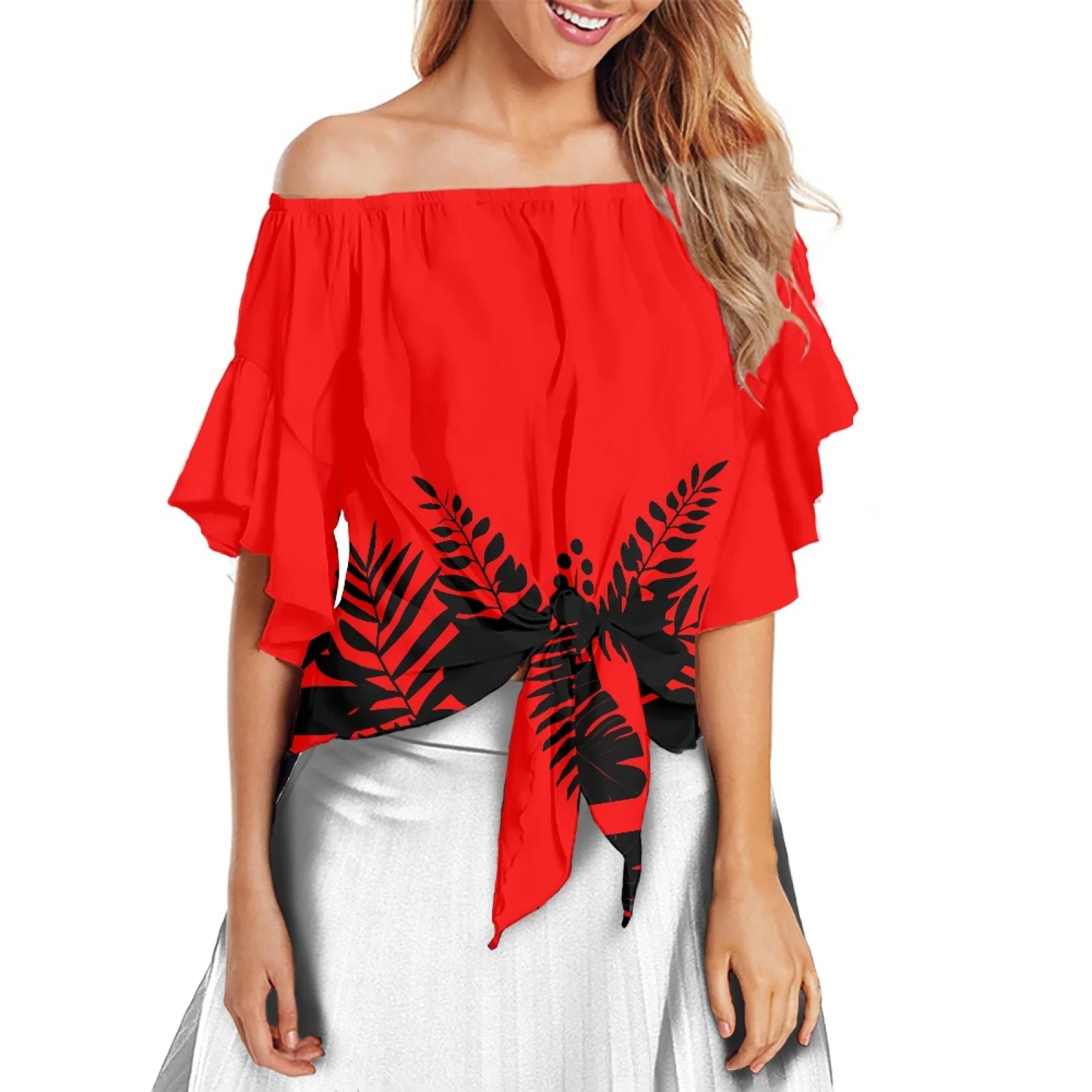 

Polynesia Off Shoulder Tops Shirt Women Elegant Fashion Flare Sleeve Corset Blouse Samoan Tribal Tattoos Print Ladies Sexy Top