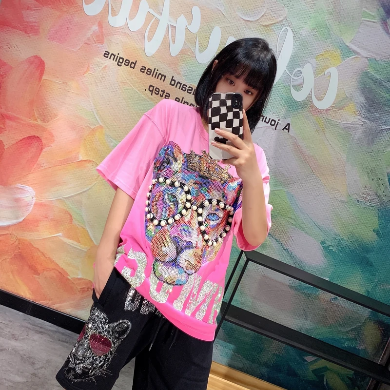 

Luxury Tide Brand Summer Women Clothes Beaded Glasses Colored Hot Drilling Gradient Tie-dye Pink Short Sleeve T-shirt Street Top