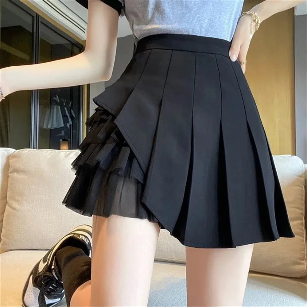 

Lace Ruffled Mesh Splicing Pleated Skirts Women Chic Summer Party Wild Clothing Vintage Slim Simple Pure Faldas Ulzzang Design