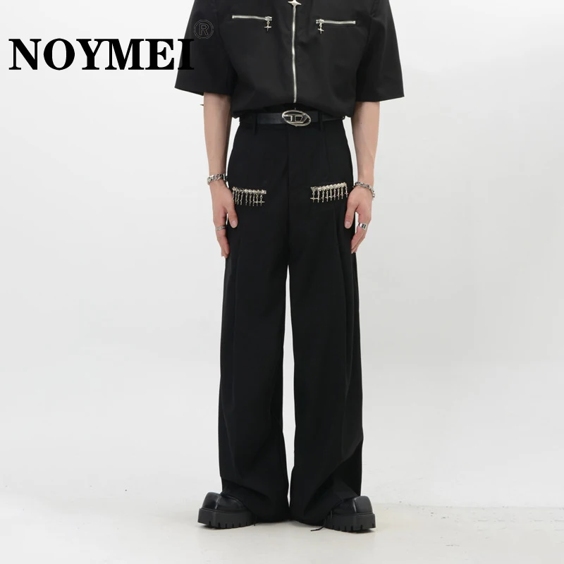 

NOYMEI Niche Design Metal Zipper Decoration Gray Suit Pants Fashionable Korean Style Straight Wide Leg Clean Fit Trousers WA2136
