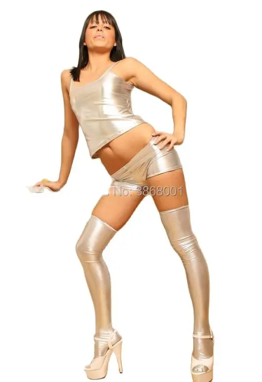 Сексуальный костюм для девочек из трех предметов Блестящий металлический