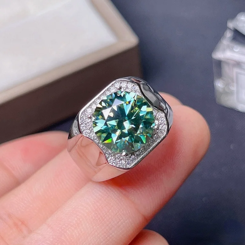 Real 5ct green Moissanite Men's Ring 925 Silver Beautiful Firecolour Diamond Substitute Can pass the test Certificate gra