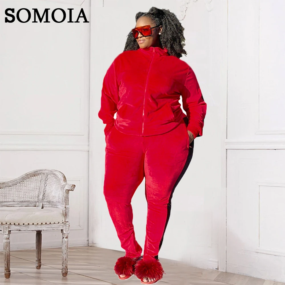 

Plus Size Clothes Tracksuits for Women Zipper Two Piece Sets Side Striped Velvet Pant Set Solid Color Jogging Women's Clothing