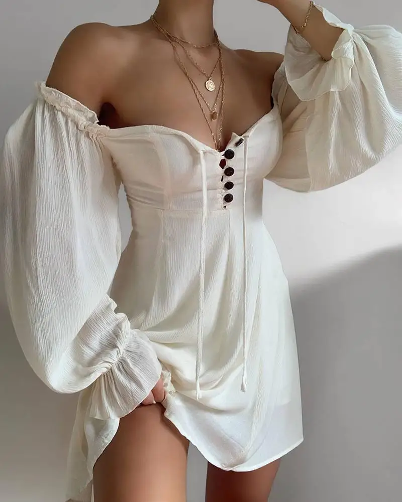 

Платье женское с открытыми плечами, пикантное повседневное модное свободное мини-платье на пуговицах, с рукавом-фонариком, V-образным вырез...