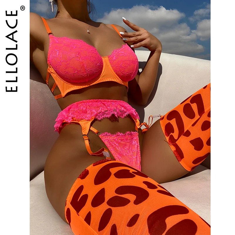 

Ellolace Leopard Lingerie With Stocking Luxury Lace Fancy Underwear Sexy Intimate Lace Ruffle Garter 5-Piece Outfits Uncensored