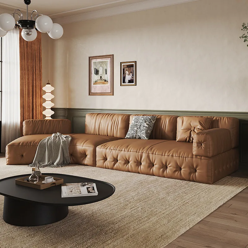 

French retro living room leather sofa, irregular shape, medium ancient household size, designer black leather top layer cowhide