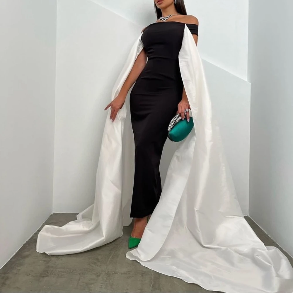 

Carolina Off-Shoulder Satin Evening Dresses with Cape Sleeves 2023 Saudi Arabia Women Wedding Guest Elegant Formal Party Gowns