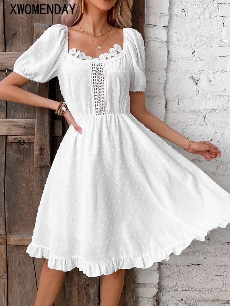 

кружевное платье миди женское,пляжное платье с рюшами,белое платье женское нарядное,элегантное платье с пышными рукавами,платья женские мо...