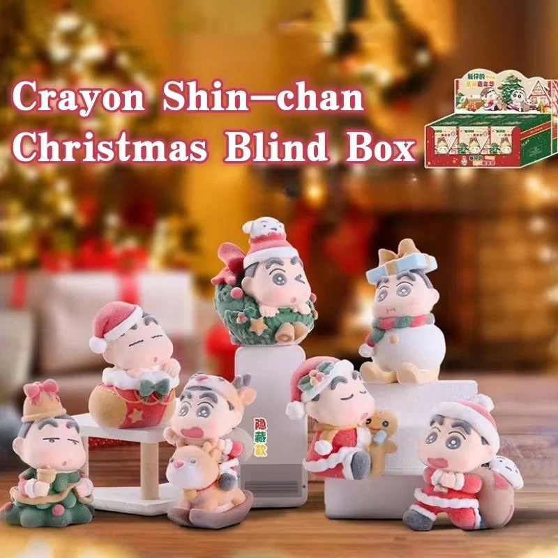Crayon Shin-Chan Christmas Series Blind Box Flocking Kawaii Figures Collectable Doll Toys Desktop Ornaments Holiday Gift