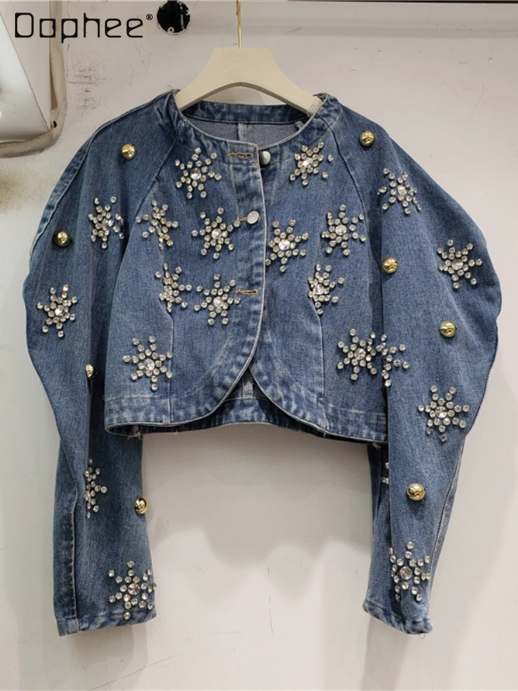 

Streetwear Woman Diamond Rivets Wave Sleeve Blue Denim Jackets 2023 Autumn New Loose Women's Rhinestones Long Sleeve Denim Coat