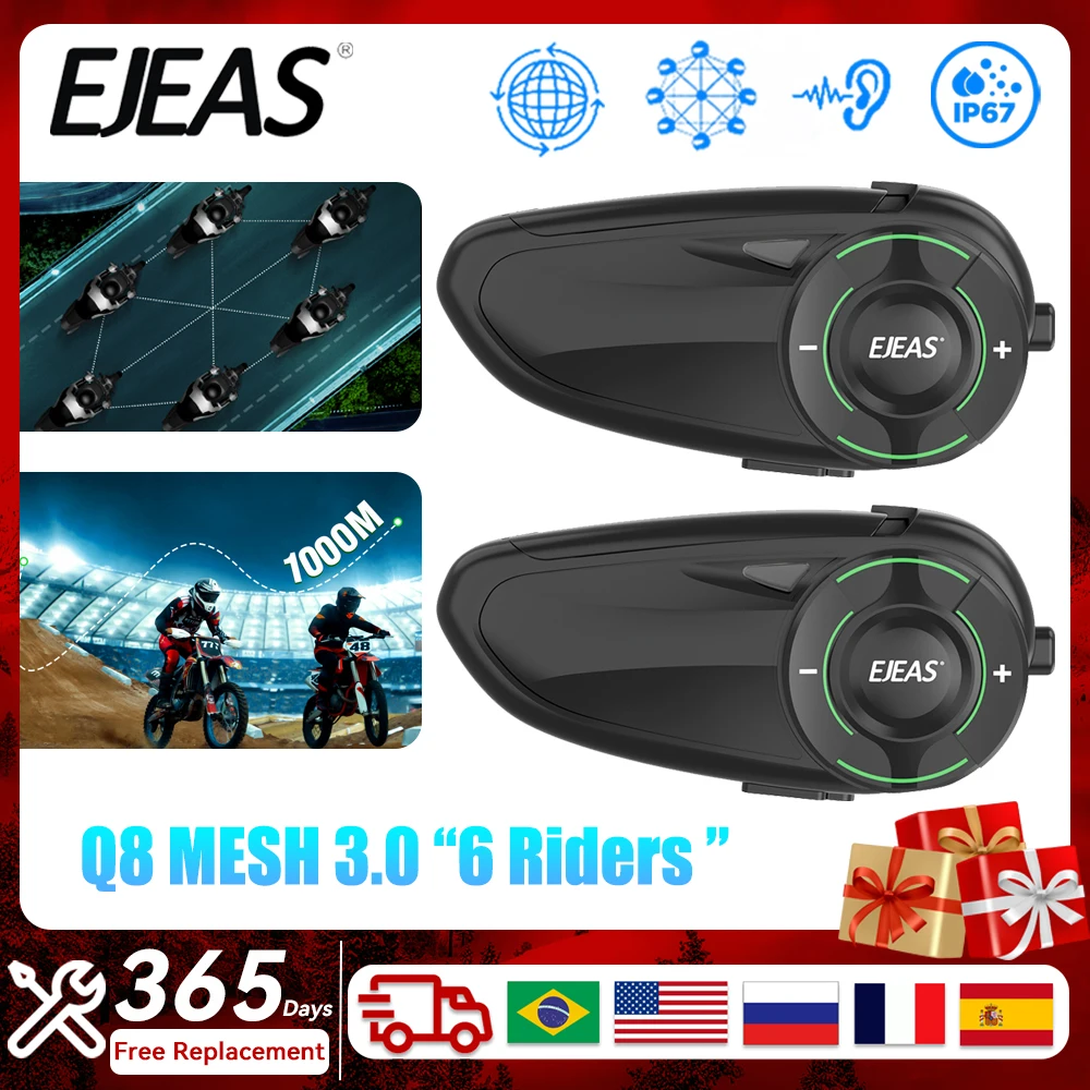 EJEAS Q8 Мотоциклетный шлем Mesh3.0 Интерком Walkie Talkie Bluetooth5.1 Домофонная гарнитура 6Riders