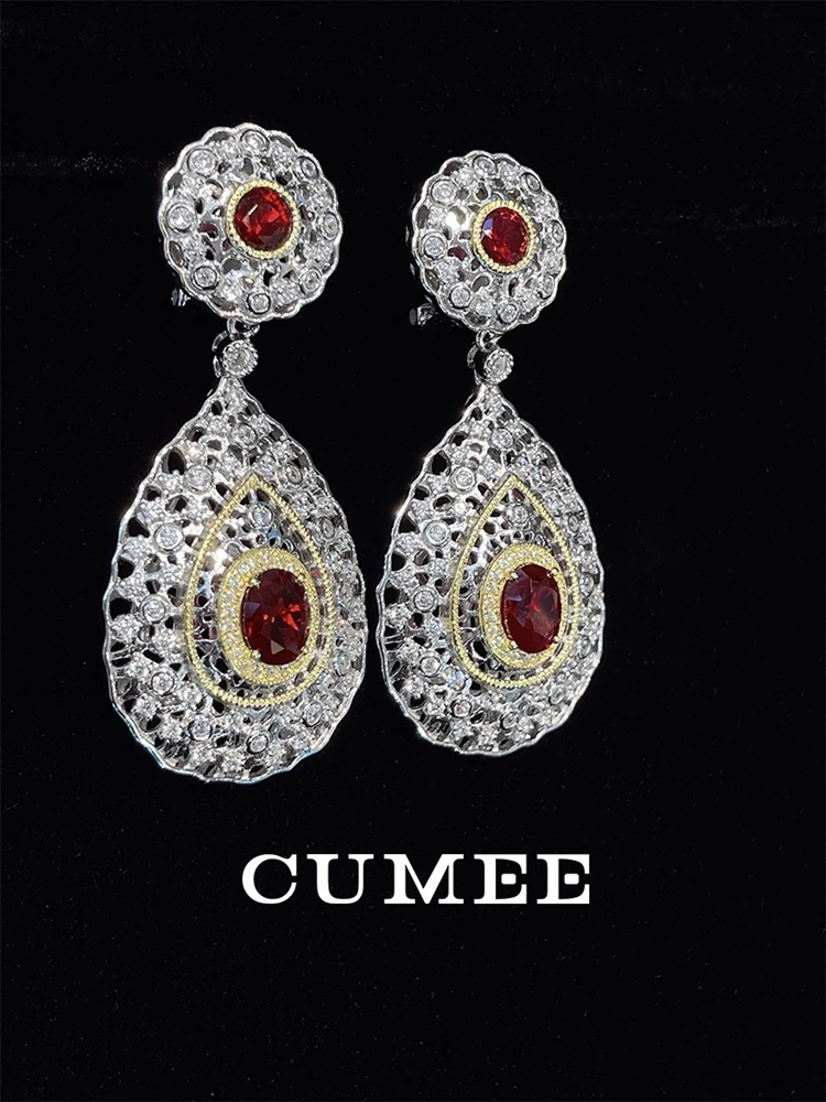 CUMEE Retro Design Pigeon Blood Red Cultivated Synthetic Ruby Drop Earrings 925 Silver Gold Plating