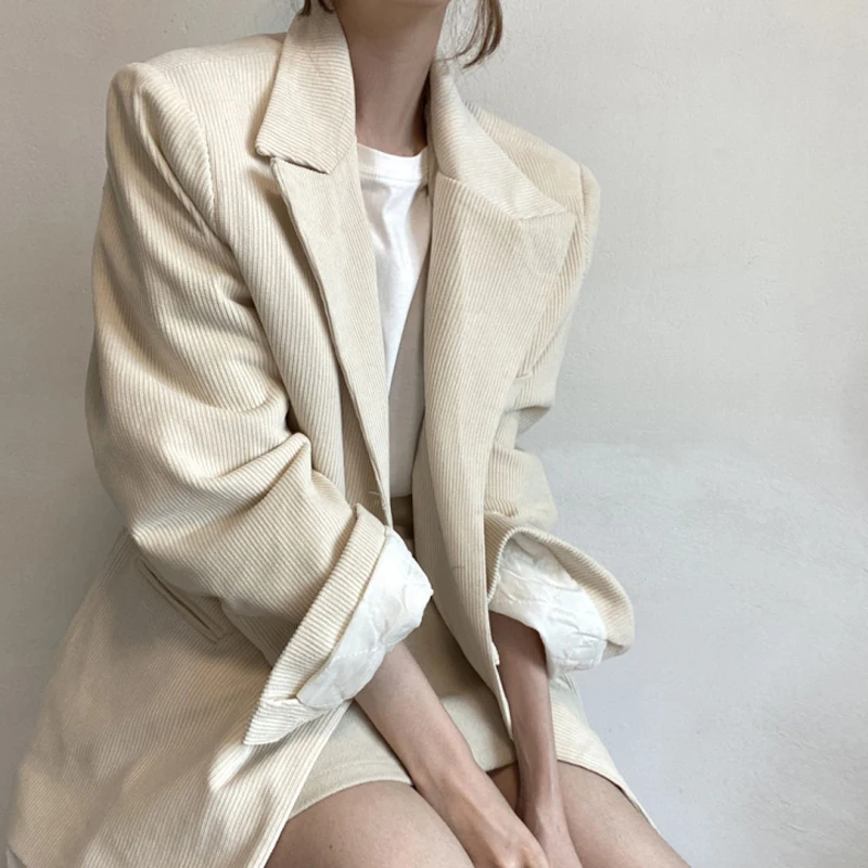 2021 Autumn Women's Korean Fashion Corduroy Suit Temperament Long-sleeved Pure Color Lapel Single-breasted Jacket Female Suit