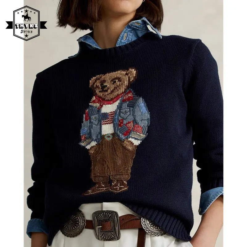 2022 New Cotton Coat Winter Cartoon Bear Sweater Women Quality Clothing Fashion Long Sleeve Knitted Pullover Embroidery Sweater