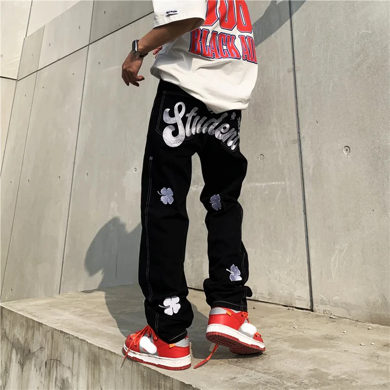 Men's Y2K Clothes New Fashion Letter Embroidery Baggy Men Jeans Straight Casual Black Denim Trousers Pants For Men Streetwear