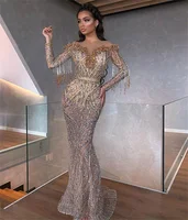 Luxury Mermaid Sheer Jewel Neck Evening Dress Beaded Sequins Tassel Prom Gowns Long Sleeves Illusion Party Dresses Custom Made