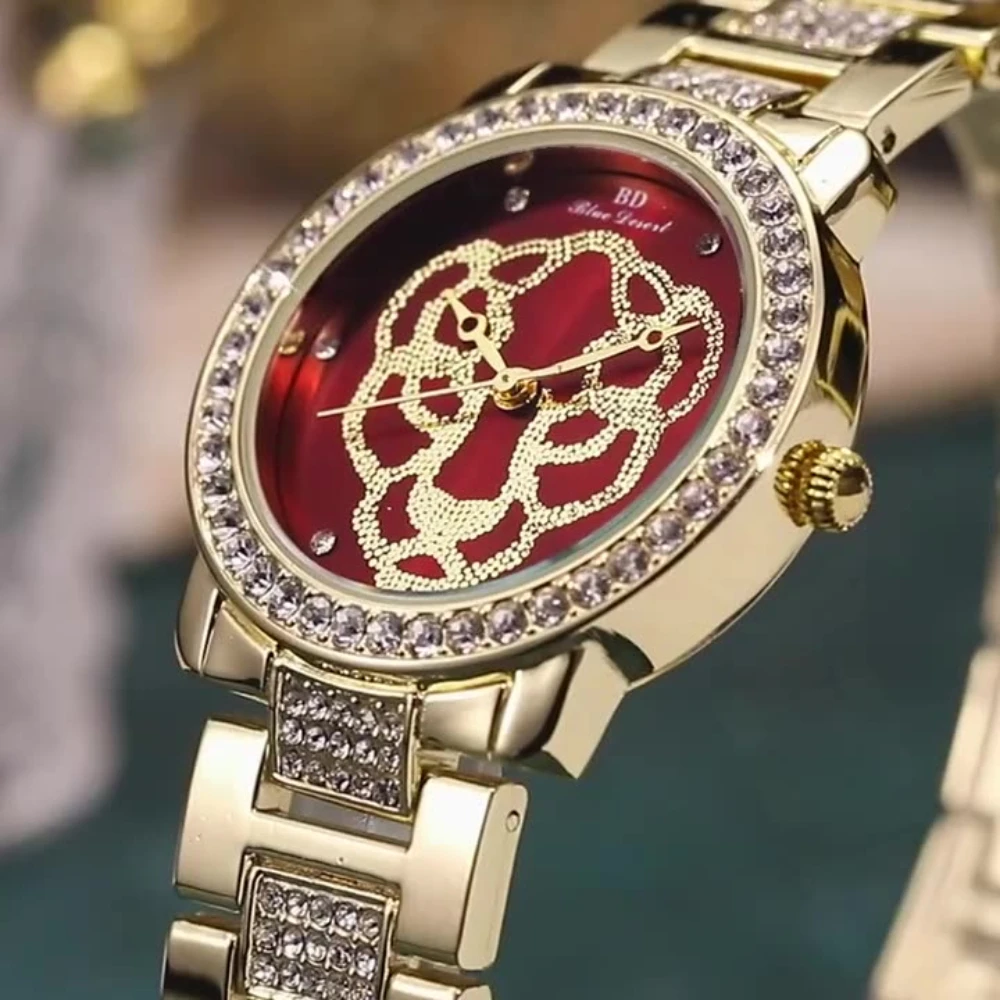 

Часы женские кварцевые с леопардовым принтом, романтические брендовые Роскошные с бриллиантами, винно-красное золото