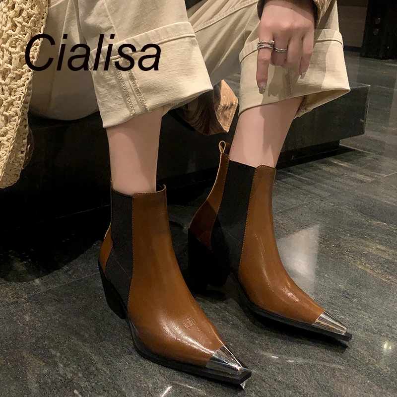 

Женские ботильоны из натуральной кожи Cialisa, элегантные полусапожки с квадратным носком, модная обувь на высоком каблуке для осени и зимы, 2023