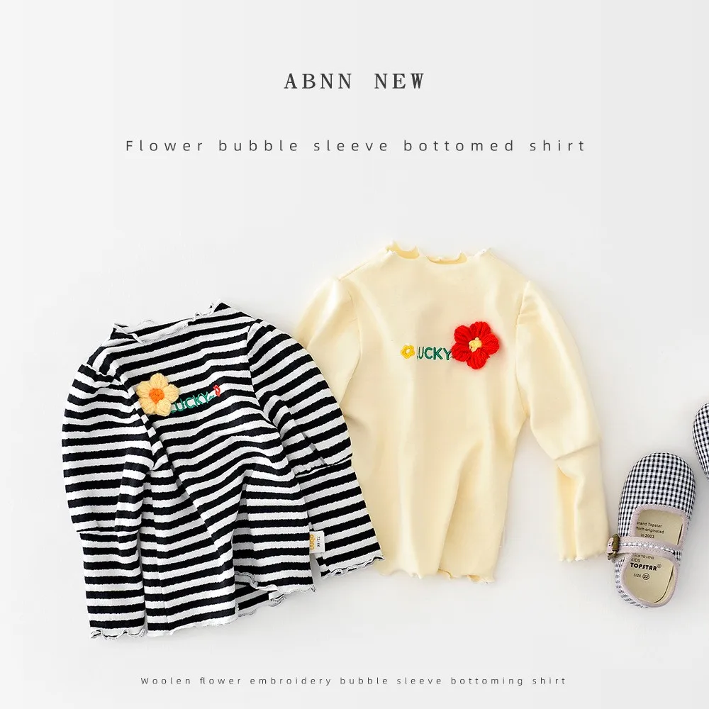 

2022 Autumn New Girl Infant Flower Princess Puff Sleeve T-shirt Baby Embroidery Letter Fashion Tops Children Cotton Striped Tees