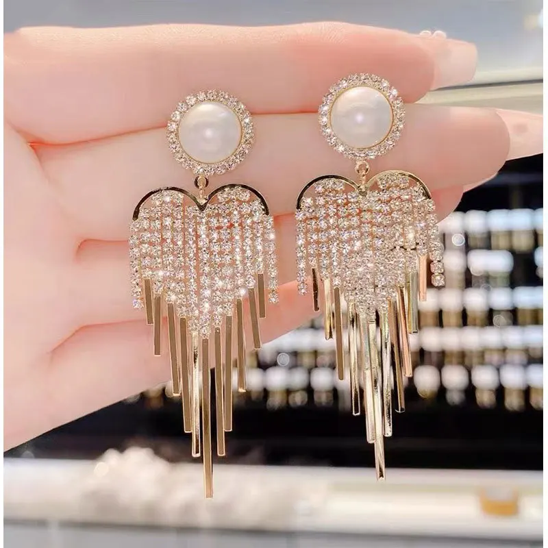 

Rimiut Long Crystal Tassels Dangle Earrings Elegant Women Fashion Glod Shining Big Earring Accessories For Party Wedding Jewelry