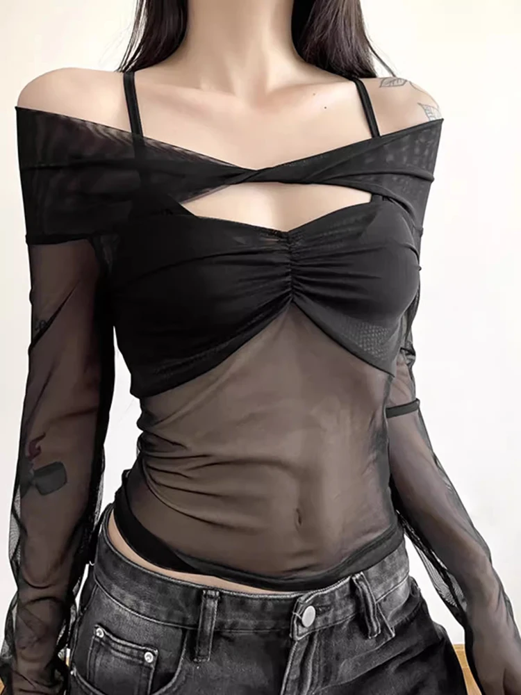 Футболка RORORIRI женская прозрачная сетчатая ретро черный топ с вырезом и V-образным