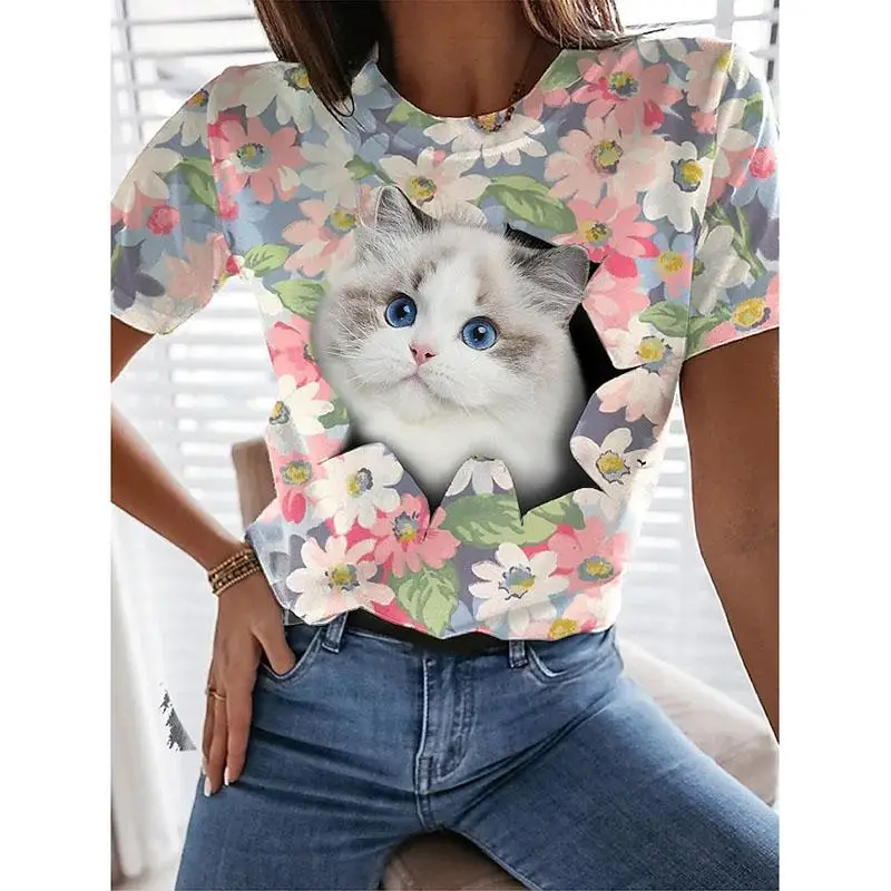 

Women's Floral Theme 3D Cat T Shirt Floral Cat 3D Print Round Neck Basic Tops