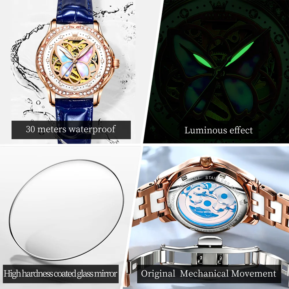 OLEVS Women's Watches Luxury Diamond Automatic Mechanical Watch for Woman Blue Leather Waterproof Ladies Watch Montre Femme