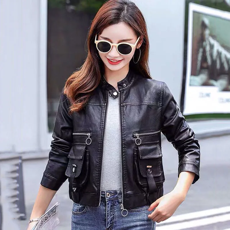 1pcs Women's PU Leather Short Jackets 2022 Autumn Fashion Faux Fur Zipper Small Pocket Splicing Ladies Skinny Locomotive Coats