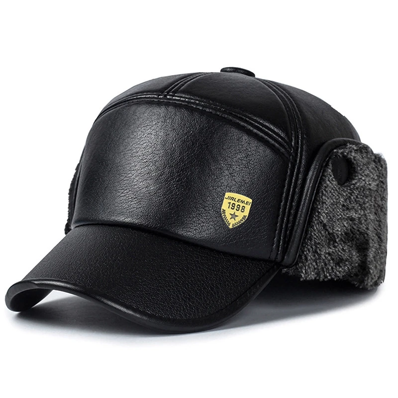 

Winter PU Leather Dad Hat For Men Baseball Cap With Earflap Thicken Warm Snapback Caps Men's Flat Hats Plush Windproof Cap Male