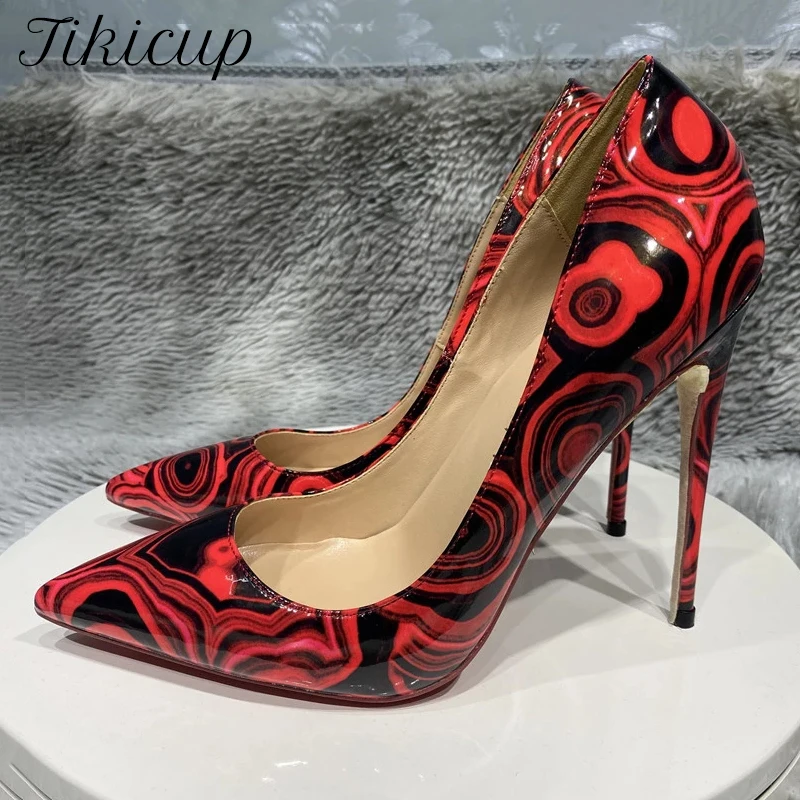 

Tikicup Red Grafitti Print Women Glossy Pointy Toe High Heel Shoes Fashion Designer Sexy Slip On Stiletto Pumps Plus Size 33-45