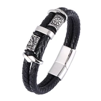 viking norse runes amulet double layer braided leather men bracelet stainless steel trendy punk bangle male party jewelry sp1339