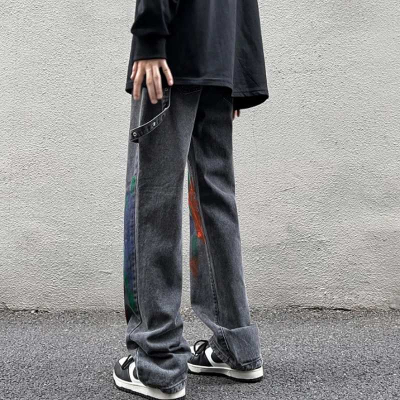 Cotton Euro-american Vibe Pants INS High Street Tie-dye Jeans for Men American Style HiPHOP Loose Straight Leg Wide Leg Pants