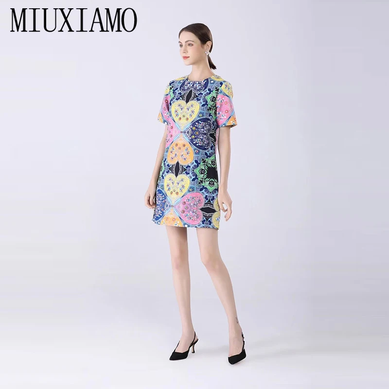 

MIUXIMAO 2022 High Quality Autumn&Winter Elegant Dress Short Sleeve O-Neck Diamond Print Fashion Mini Dress Women Vestide