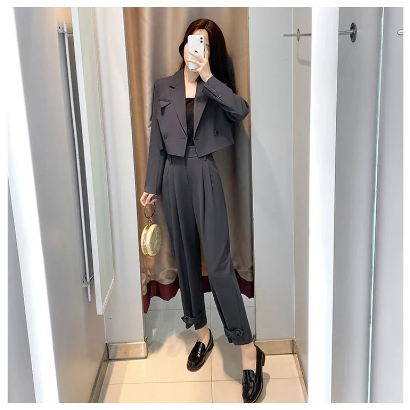

Women Two Piece Outfits Spring Autumn Hepburn Professional Wear New High Waist Short Suit Coat Matching Casual Pants Sets