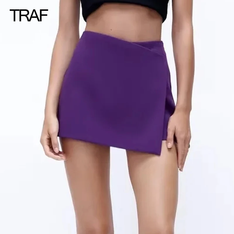 

TRAF Purple Shorts Women High Waist Shorts Woman Camel Asymmetric Bermuda Shorts For Women Skort Fall Casual Skirt Shorts Women