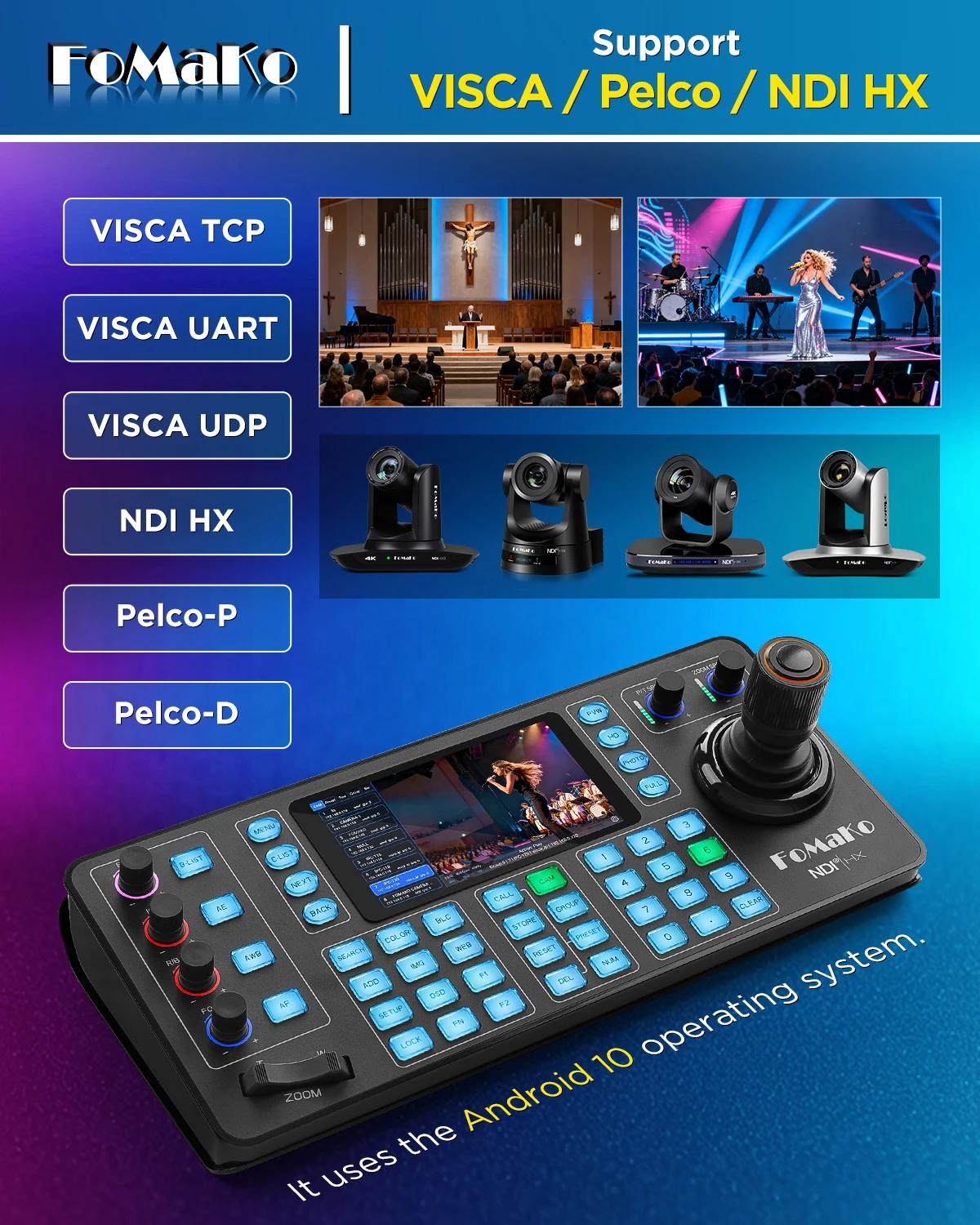Контроллер PTZ-камеры FoMaKo NDI KC608N с 5,5-дюймовым емкостным сенсорным экраном, предпросмотром 4K, 4D джойстиком Hall, PoE, поддержкой PelcoNDI HX (art.: 3920dca607b5b) - 3920dca607b5b